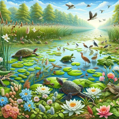 A vibrant wetland scene showcasing various plants and animals, including frogs, turtles, and birds, with a serene landscape and clear blue sky.