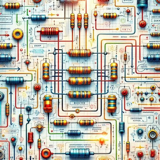 An engaging illustration showing electric circuits, resistors, and current flow with educational elements surrounding them. Bright colors and a technical style to attract students and teachers alike.