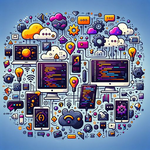 A colorful and engaging illustration of various technology icons, such as computers, smartphones, and coding elements, in a vibrant digital landscape.