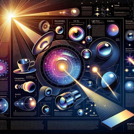 A visually engaging diagram illustrating concepts of optics, including lenses, mirrors, and light rays. Include a bright, colorful background to capture attention, incorporating elements like a plane mirror, concave and convex lenses, and a starry sky to represent optical phenomena like twinkling stars and mirages.