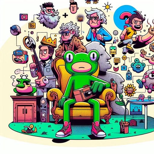 A colorful and playful illustration of cartoon characters representing different personalities and vibes, with a whimsical background, featuring elements like a froggy chair, emojis, and fun pop culture references.