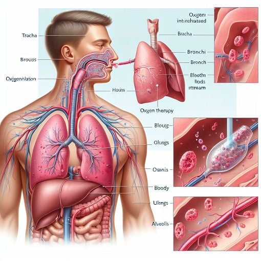 A detailed illustration of the human respiratory system highlighting oxygenation processes in a medical context, with emphasis on oxygen therapy and pulmonary health.