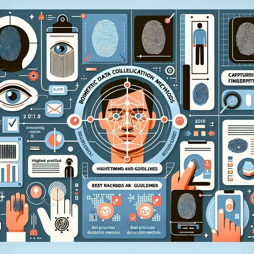 A detailed infographic depicting various biometric data capturing methods, including facial recognition, fingerprint scanning, and iris capturing techniques with a focus on best practices and guidelines.