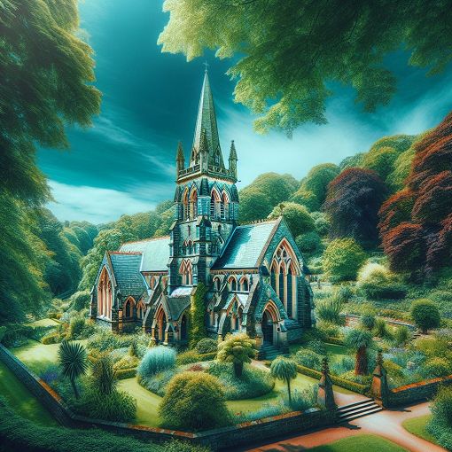 A beautiful image of an Anglican church, showcasing its architecture and surroundings, with a clear blue sky and lush greenery.