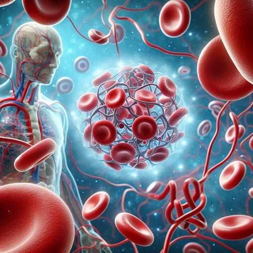 A detailed illustration of hemoglobin molecule, oxygen transport in blood, with visual elements representing red blood cells and the human circulatory system, in a scientific style.