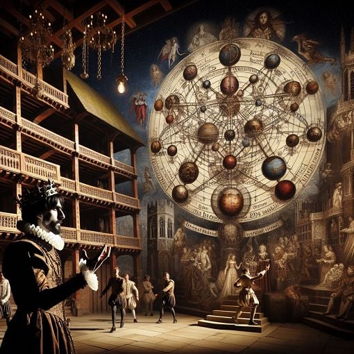 A captivating illustration of Shakespeare's era, featuring the Globe Theatre, elements of the Great Chain of Being, and a dramatic representation of Macbeth with Gothic elements.