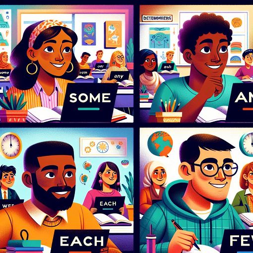 Create an educational illustration that shows various English determiners like 'some', 'any', 'each', and 'few' in a colorful manner, with students engaging in a quiz setting.