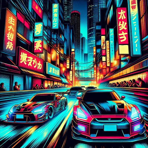 A vibrant and dynamic illustration of popular JDM cars racing on a city street at night with neon lights, emphasizing the culture and excitement of Japanese automotive vehicles.