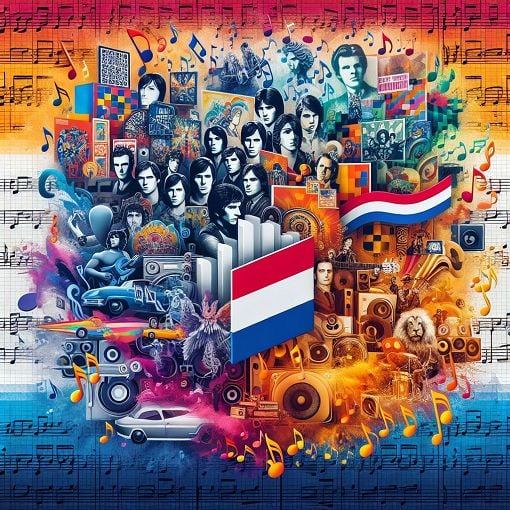 A vibrant collage of Dutch pop music album covers, featuring iconic artists and bands, set against a backdrop of musical notes and a colorful Dutch flag.