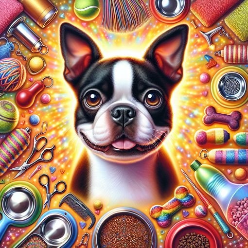 A charming dog surrounded by various dog care items such as bowls, toys, and grooming tools, with a friendly, colorful background.