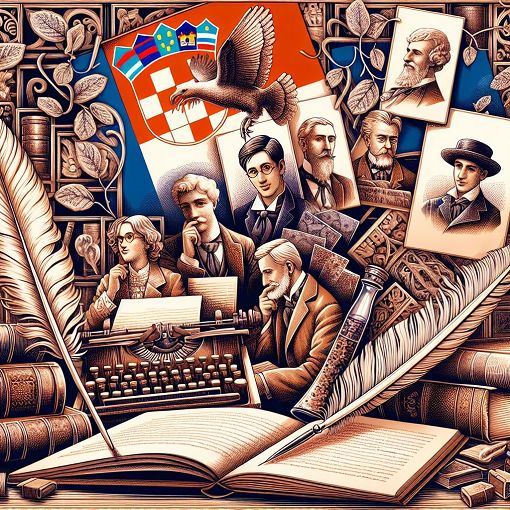 A captivating book-themed illustration featuring iconic Croatian literature, including elements like vintage books, a quill, and famous Croatian authors.