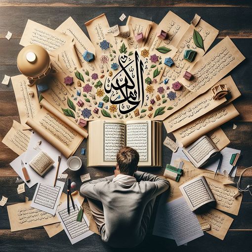 An educational scene featuring a student studying Quranic Tajweed with notes and a Quran open, surrounded by various Arabic letters emphasizing Qalqalah, bright and inviting atmosphere.