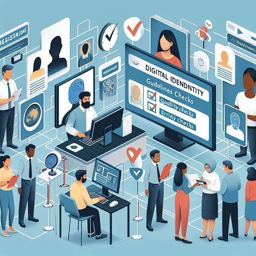 An informative illustration depicting Aadhaar enrolment with a focus on guidelines, quality checks, and error prevention, featuring individuals interacting with technology in a modern enrollment setting.