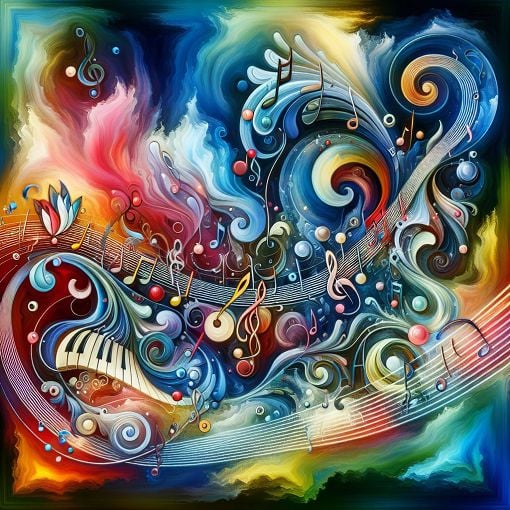 A whimsical illustration of musical notes, scales, and key signatures with a vibrant background that conveys the essence of music theory.