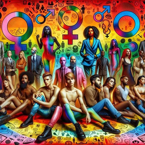 A vibrant and inclusive image featuring diverse individuals expressing their gender identity and orientation, set in a colorful background with symbols representing SOGIESC.