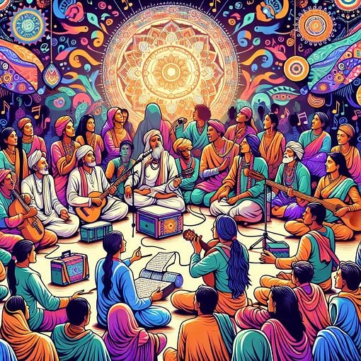 A colorful and vibrant illustration of a traditional Kirtan gathering, featuring musicians, singers, and devotees in a joyous atmosphere, with musical notes and sacred symbols in the background.