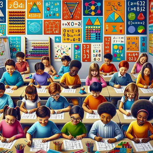 Create an engaging and colorful illustration of a classroom with students happily solving math problems on paper, with bright posters on the walls showcasing math concepts and equations.