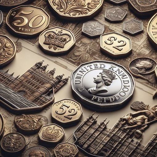 A beautifully designed image featuring various UK coins, including 50p coins, £2 coins, and the Royal Mint's logo, against a background of British symbols and landmarks.