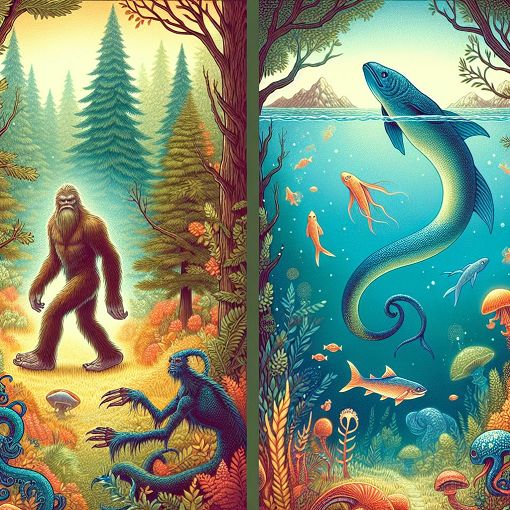 A whimsical illustration of various cryptids in their natural habitats, such as Bigfoot in a forest and the Loch Ness Monster in water, with a vibrant, magical atmosphere.