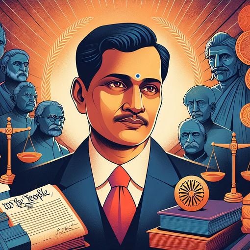 A historical and artistic representation of B.R. Ambedkar, showcasing elements like the Indian Constitution, books, and symbolic imagery of equality and justice.