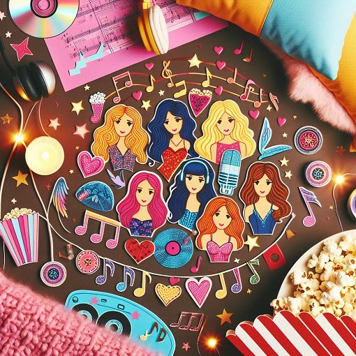 A vibrant and colorful image featuring elements related to Little Mix, such as music notes, fans, and iconic items associated with the band, set against a backdrop of a slumber party theme.