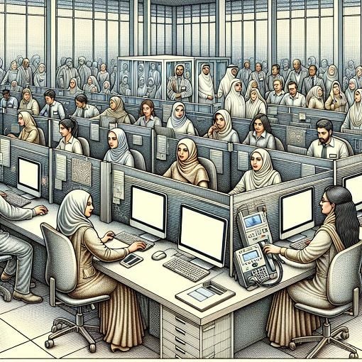 A detailed illustration of a professional environment showing an enrolment agency with operators, supervisors, and biometric verification devices, including a modern office setup with technology and teamwork in action.