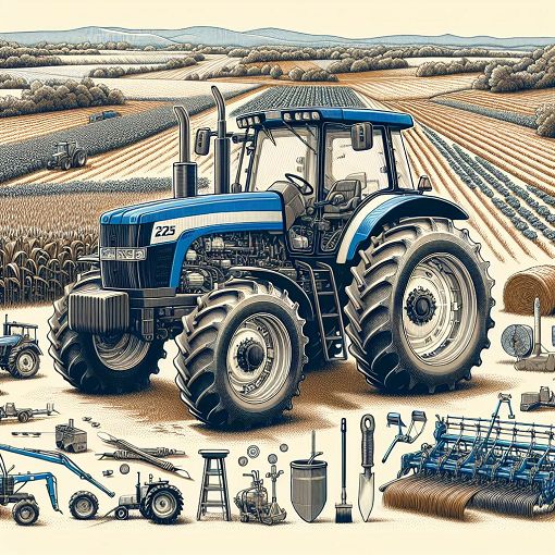 A detailed illustration of a 225 JIVO tractor in a farming environment, showcasing its key features, surrounded by agricultural fields and equipment.