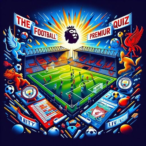 Create an image showing a football quiz themed around the English Premier League, featuring iconic teams like Manchester City and Liverpool, with elements of a football pitch, a colorful quiz layout, and a dynamic sports atmosphere.