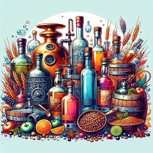 A colorful illustration of various bottles of spirits, including whisky, vodka, and rum, with a backdrop of distillation equipment and ingredients such as grains and fruits.