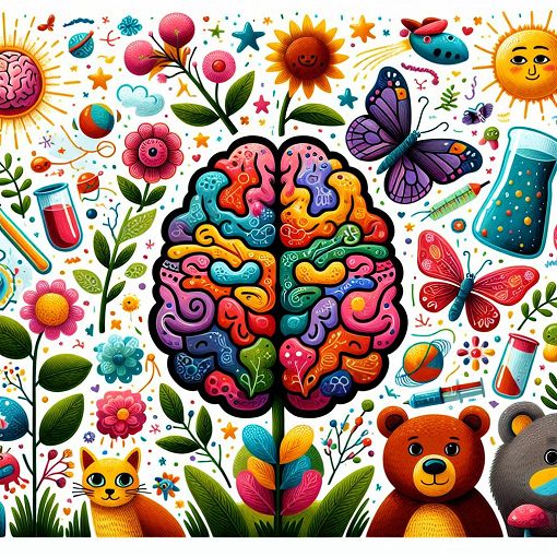 An illustrated science theme with elements like a brain, plants, animals, and the sun, showcasing various science concepts for kids, bright and colorful style.