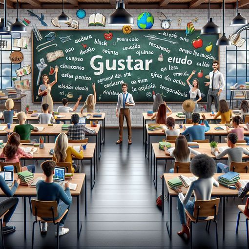 Create a colorful and engaging illustration of a classroom setting where students are happily learning Spanish grammar, with a focus on the verb 'gustar'. Include books, notepads, and a blackboard with examples of 'gustar' sentences.