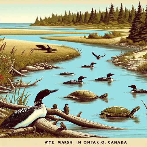 A serene landscape of Wye Marsh in Ontario, featuring a variety of wildlife such as loons, turtles, and a meandering river under a clear blue sky.