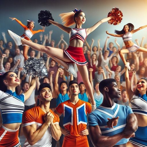 A vibrant and dynamic cheerleading scene with cheerleaders performing stunts and poses, featuring team spirit colors and a cheering crowd in the background.