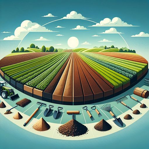 A detailed illustration of agricultural land management, showcasing various soil types and tools used in farming, set against a backdrop of lush green fields and a clear sky.