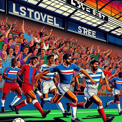 A vibrant and engaging illustration of a football match at Love Street, featuring St Mirren players in action, with fans cheering in the stands.