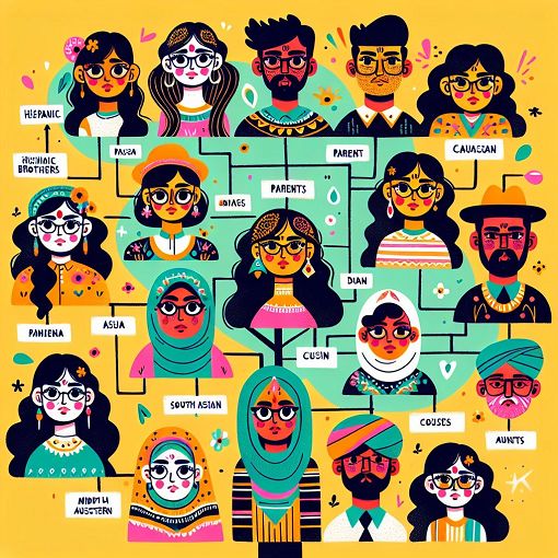 A colorful family tree illustration showing various family members like parents, siblings, and cousins, with playful designs and labels indicating their relationships.