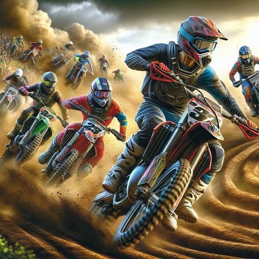 An action-packed motocross scene featuring riders racing on a dirt track, showcasing excitement and competition in the MX Nationals.