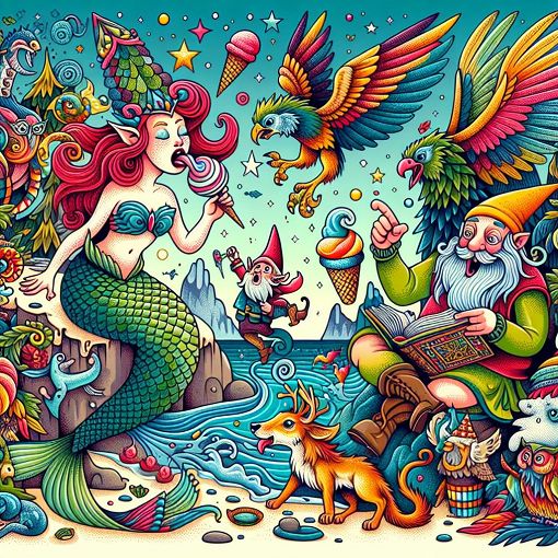 A whimsical illustration of mythical characters from a fantastical realm, showcasing vibrant personalities and humorous situations.