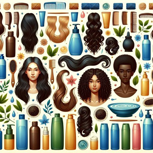 A vibrant, aesthetically pleasing image depicting various hair types and textures, with a soothing background of hair care products and natural elements, inviting viewers to take a hair quiz.