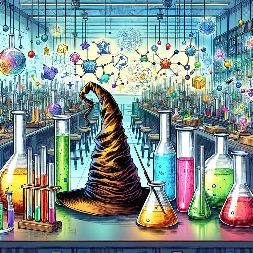 A vibrant illustration of a chemistry lab with colorful beakers and test tubes, featuring a whimsical sorting hat that symbolizes different houses and personalities.