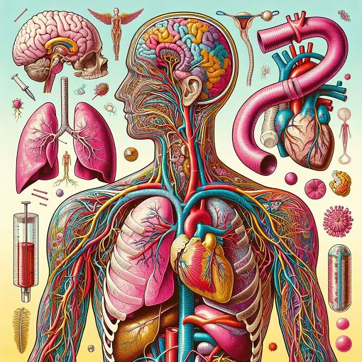 Create an educational and vibrant illustration representing various human organ systems including the circulatory, respiratory, and nervous systems, with labeled diagrams, anatomy illustrations, and vibrant colors to engage viewers.