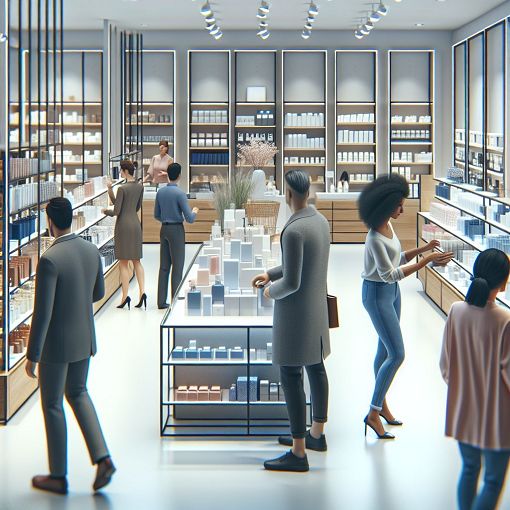 A clean and modern retail store interior with displayed products and shoppers engaging with the environment, reflecting the concepts of visual merchandising and customer service.