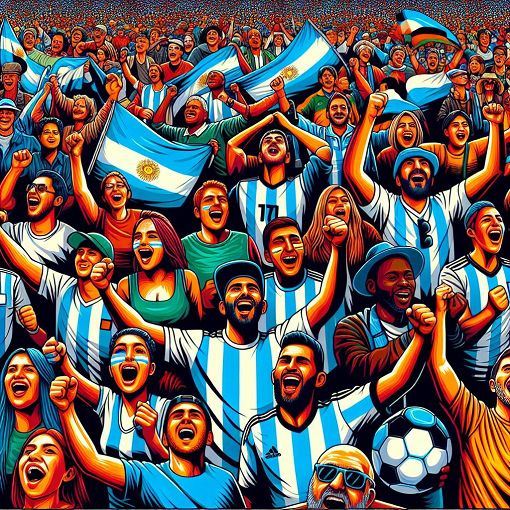 A fun and colorful illustration showing soccer fans in a stadium, with various outfits and a lively atmosphere, showcasing a blend of Argentine culture and football enthusiasm.