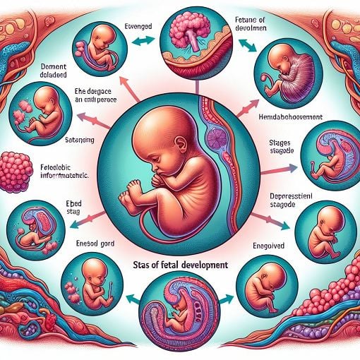 A detailed illustration of fetal development stages with labels, showing the growth of a human fetus in a womb, vibrant colors, educational style.