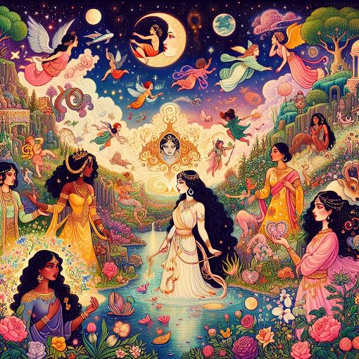 A colorful and enchanting illustration of goddesses, mystical creatures, and romantic elements, reflecting themes of love, beauty, and self-discovery in a whimsical style.