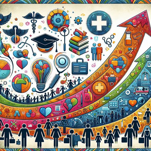 A colorful illustration representing various government schemes in India, featuring symbols of education, healthcare, and social welfare. The image should convey a sense of progress and community involvement.