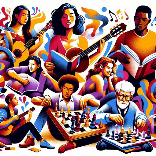 A vibrant and engaging illustration of a diverse group of people participating in various activities, reflecting different personality types, styles, and interests in a colorful and energetic environment.