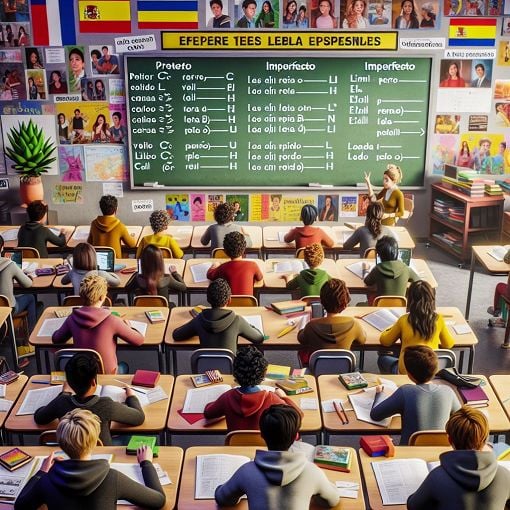 A vibrant classroom scene with students engaging in a Spanish lesson, focusing on verb conjugations, with charts and examples of preterito and imperfecto, in a colorful and inviting environment.