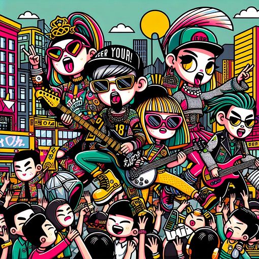 A vibrant pop-art style illustration featuring colorful characters representing K-Pop idols, with a playful and humorous theme, set in a lively Seoul backdrop, reflecting the essence of fandom and music culture.