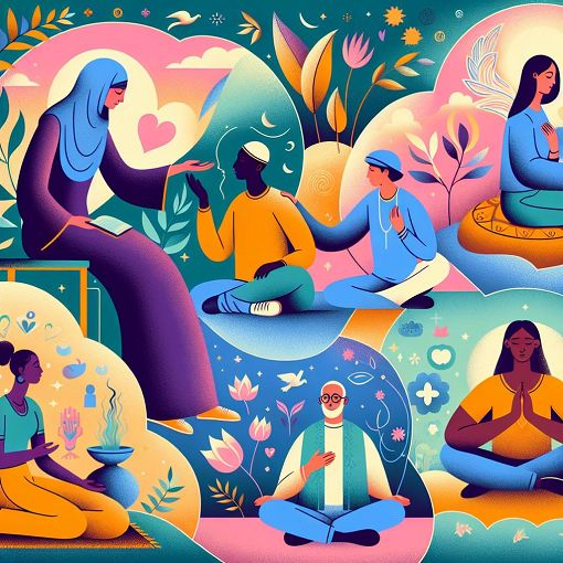 A calming and vibrant illustration depicting self care, empathy, and supportive interactions in a nurturing environment, with people engaging in positive activities like listening, helping each other, and practicing self care.